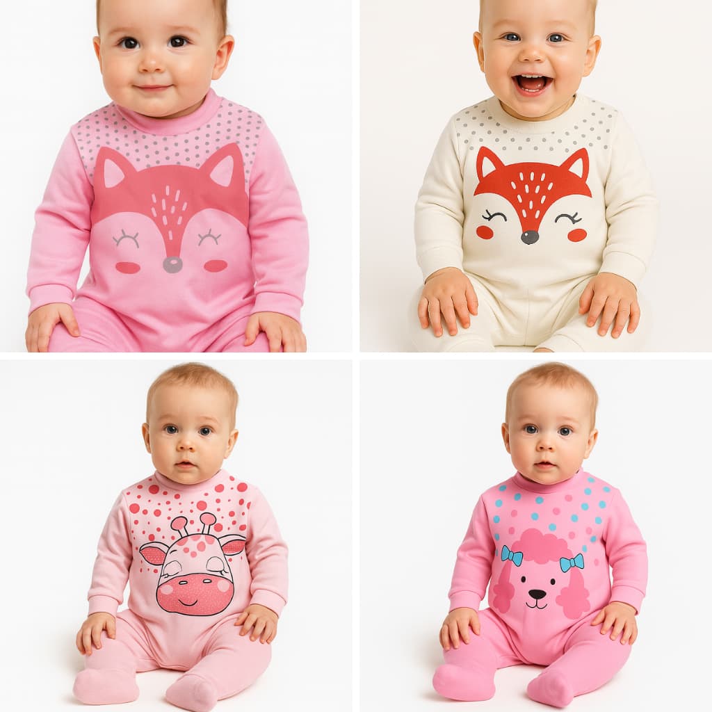 Kit 4 macacões bebê menina – vira pé – algodão macio estampado – confortável