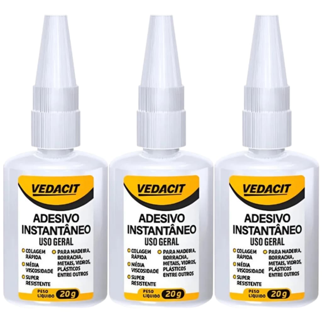 Kit 3 Colas Adesivo Instantâneo Uso Geral 20g – Alta Fixação e Secagem Rápida