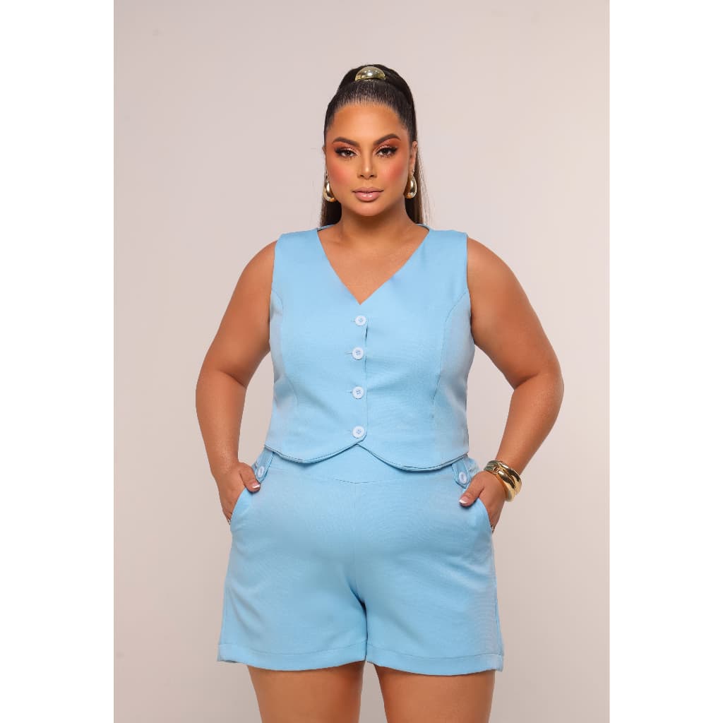 Conjunto Alfaiataria Feminino Short Com Elástico E Colete Plus Size Sofisticação E Conforto