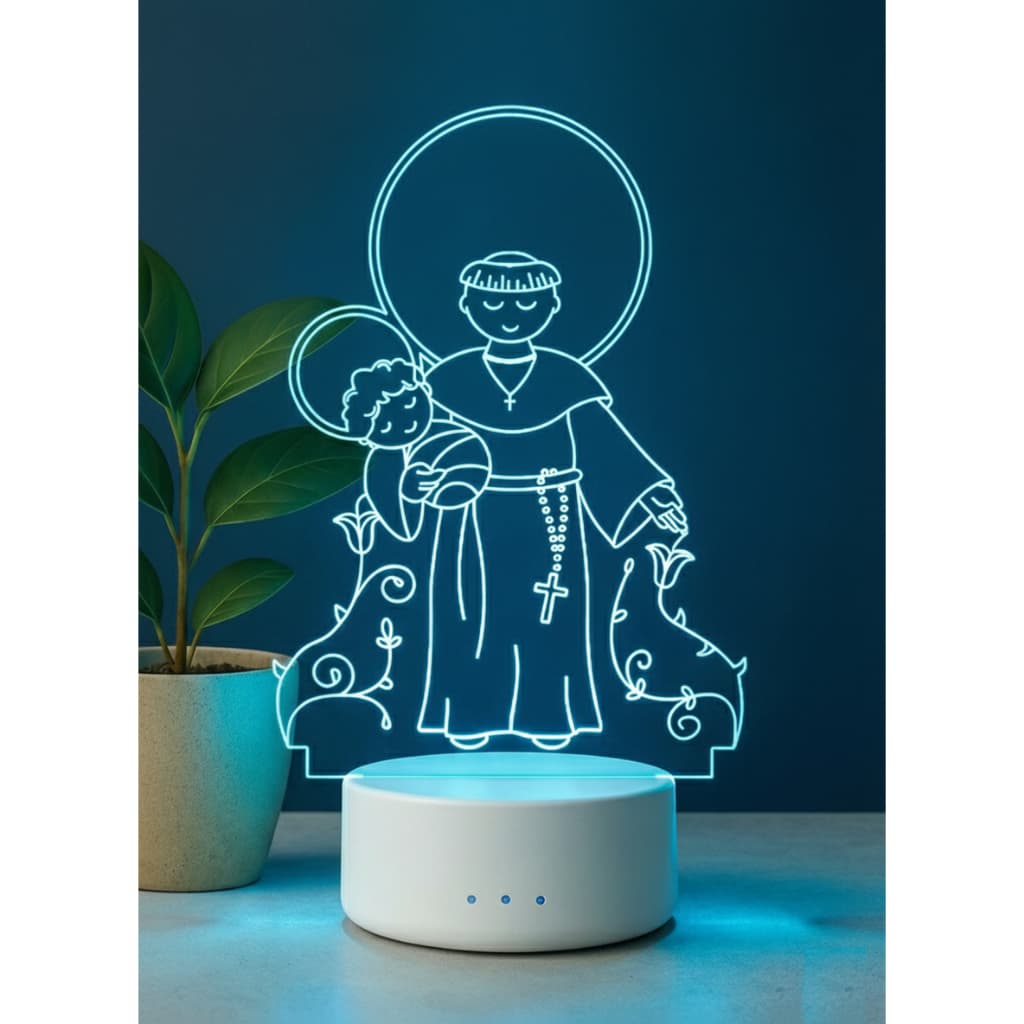 Luminária LED em Acrílico Santo Antonio Gravada a Laser Base RGB 7 Cores Cristão Católico Religiosa