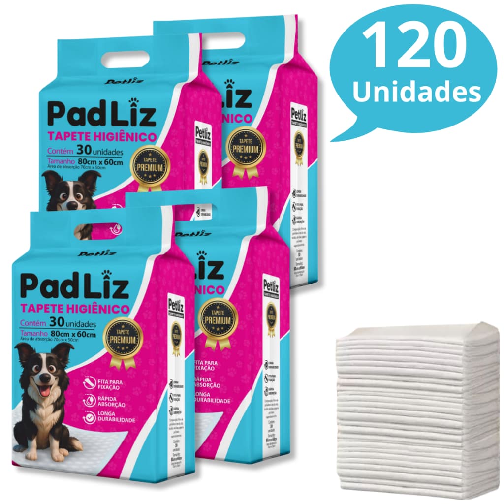 KIT 4 Tapete Higiênico Descartável para Cachorro Petliz Padliz 80cm x 60cm 120 Unidades