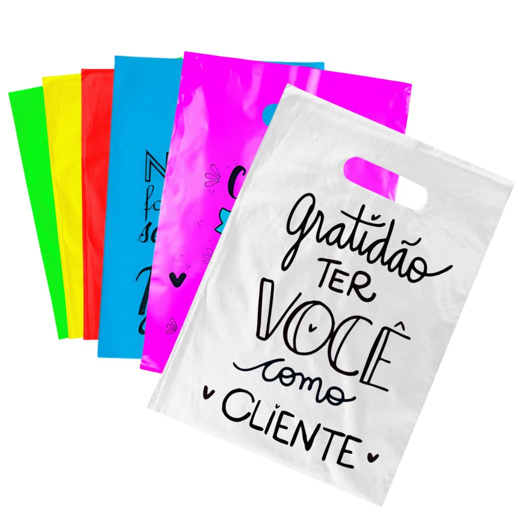 Sacola Boca de Palhaço 30x40 C/100 Unidades Alça Vazada Frases Personalizadas Multiplas Cores