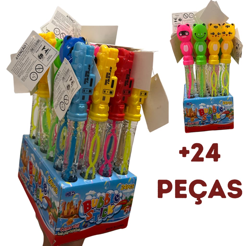 Kit 24 Bolhas de Sabão Bubble Stick Infantil Modelos Sortidos Carros, trem e Animais Fofos Display Festa 3+ Anos
