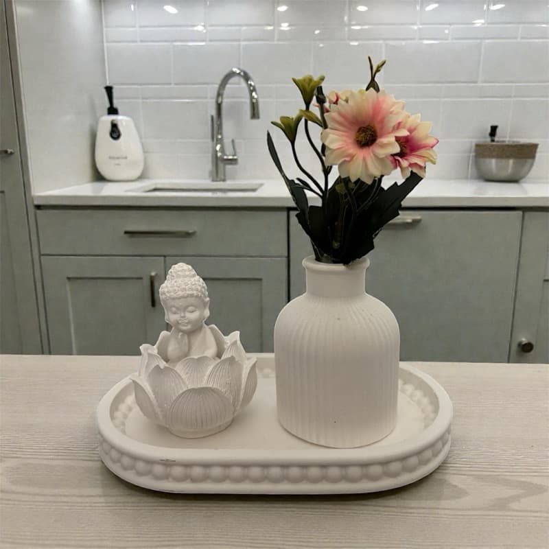 Kit decorativo 3 peças flor de lótus - bandeja orgânica + vaso + flor de lótus com Buda casa sala escritório
