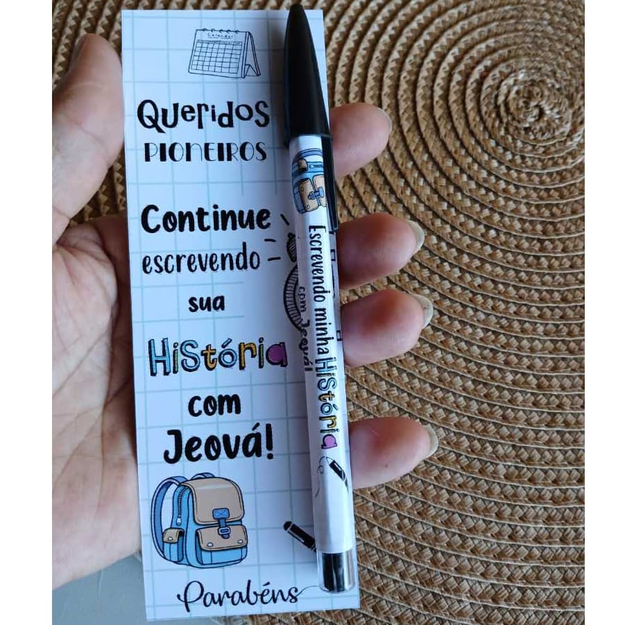 Caneta personalizada com card Pioneiros(as) | Mimo Presente 20 a 45 unidades