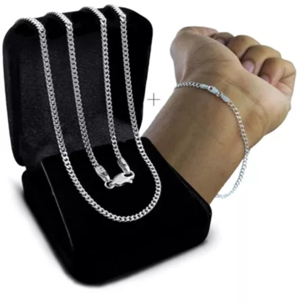 Kit Conjunto Corrente + Pulseira Prata 925 Legítima Grumet Masculina 60cm 70cm Escama De Peixe 2mm