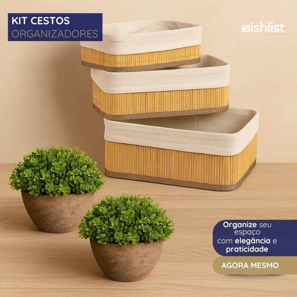 Cesto de Bambu Organizador. Kit com 3 Cestos de Bambu. Conjunto com 3 Cestos