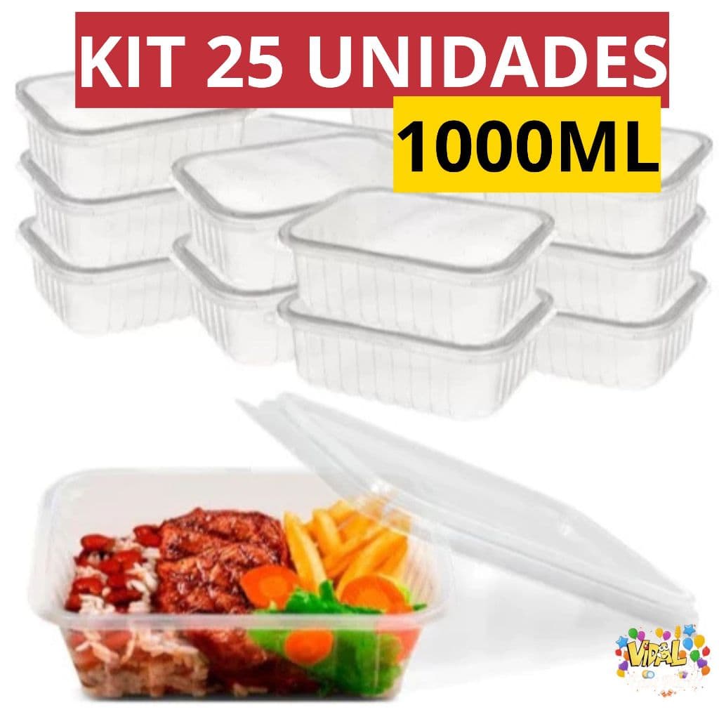 Kit 25 Potes 1000ML Com Tampa Marmitas Marmitex Retangular Descartável Fitness Freezer Microondas