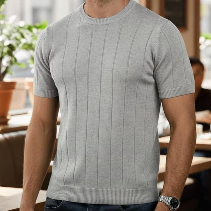 Camiseta Masculina De Tricô Manga Curta Canelada Slim Fit Camisa Casual Luxo