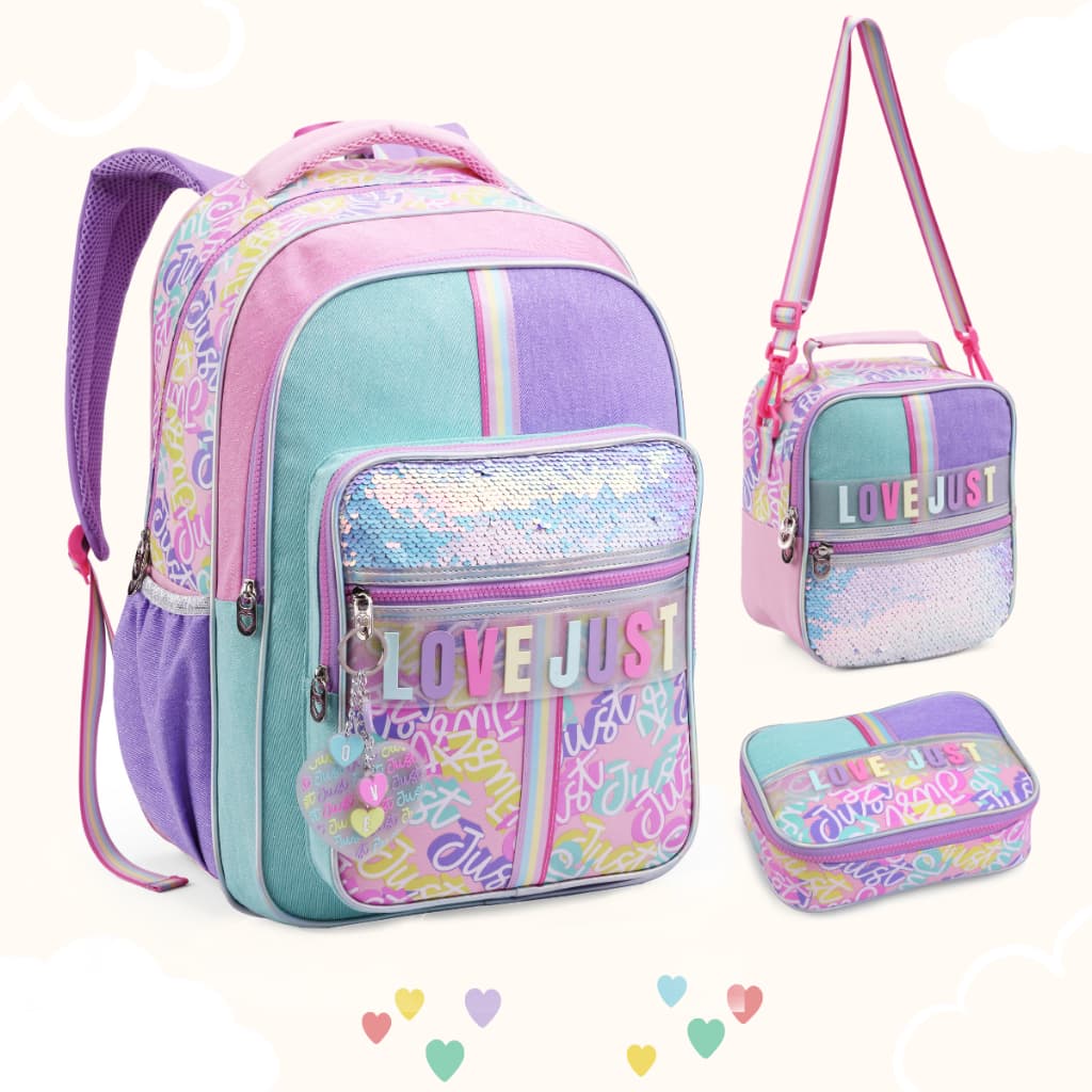 Kit Mochila De Costas Rainbow Escolar Lancheira Estojo Juvenil Premium Material de Qualidade Volta as  Aulas  Just  Love