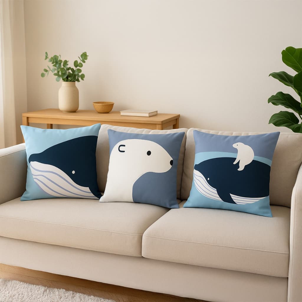 Kit com 3 Capas de Almofada Tema Ártico Urso Polar e Baleia - Decoração Nórdica Relaxante