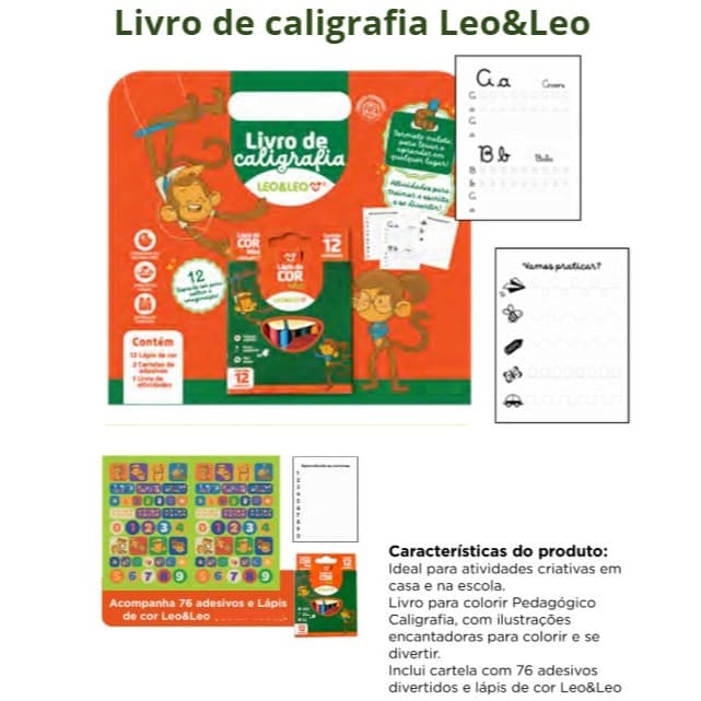LIVRO PEDAGÓGICO  CALIGRAFIA + LÁPIS DE COR E ADESIVOS