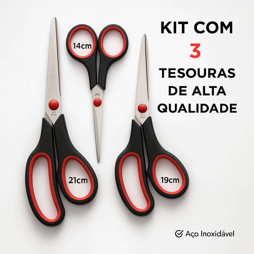 Kit Tesouras Aço Inox - 1 ou 3 Unidades - Artesanato, Escritório, Escola, Multiuso, Corte Preciso