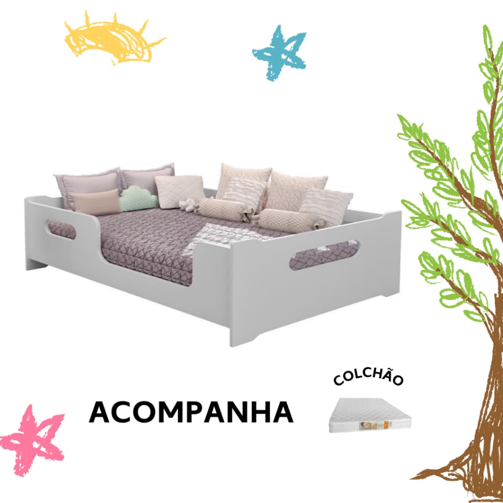 Cama Casal Montessori Encanto Proteção Grade + Colchão Casal 100% D33