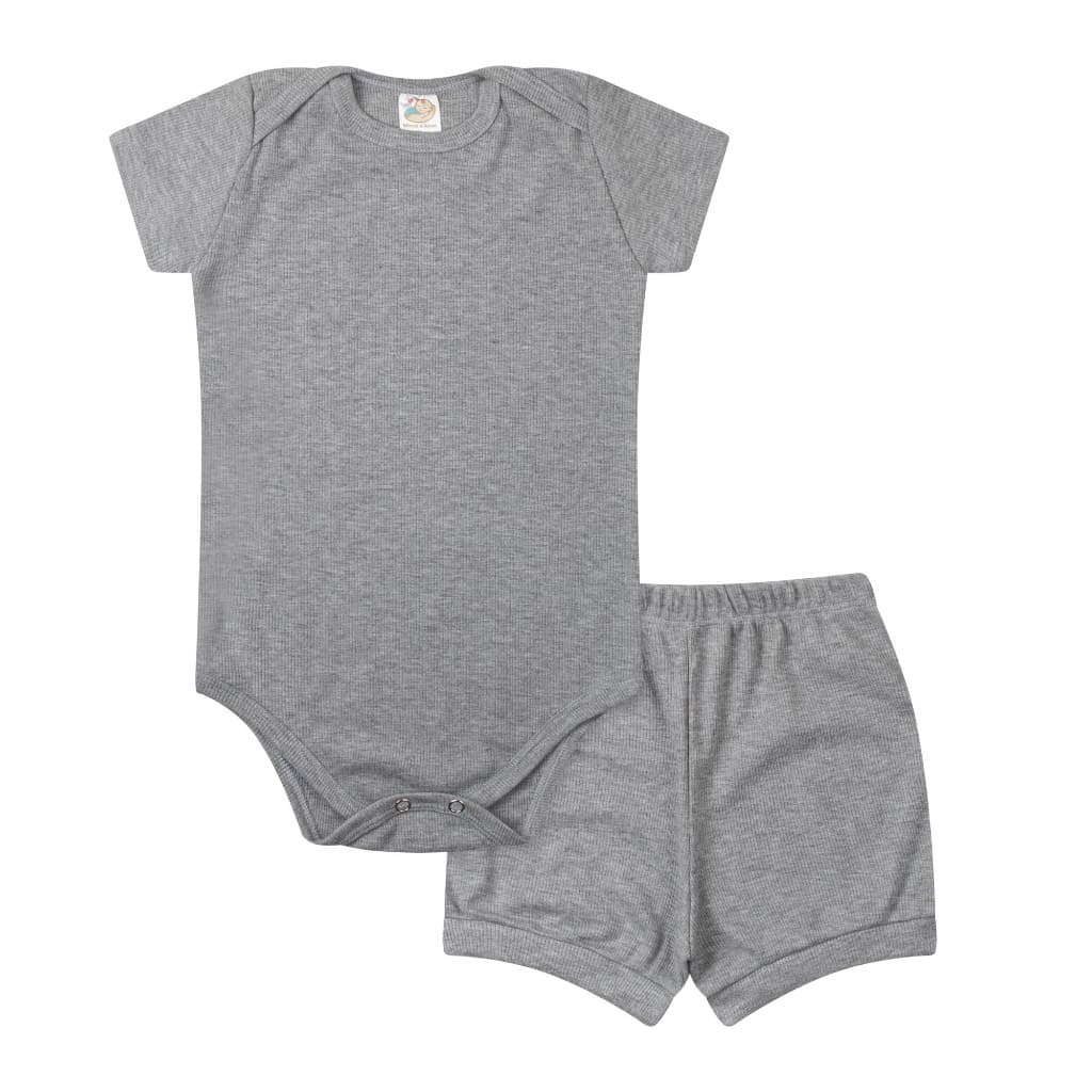 Conjunto 2 Peças Cinza Mescla Canelado Body Bebê Verão Manga Curta Short Masculino/Feminino P a 03 Anos