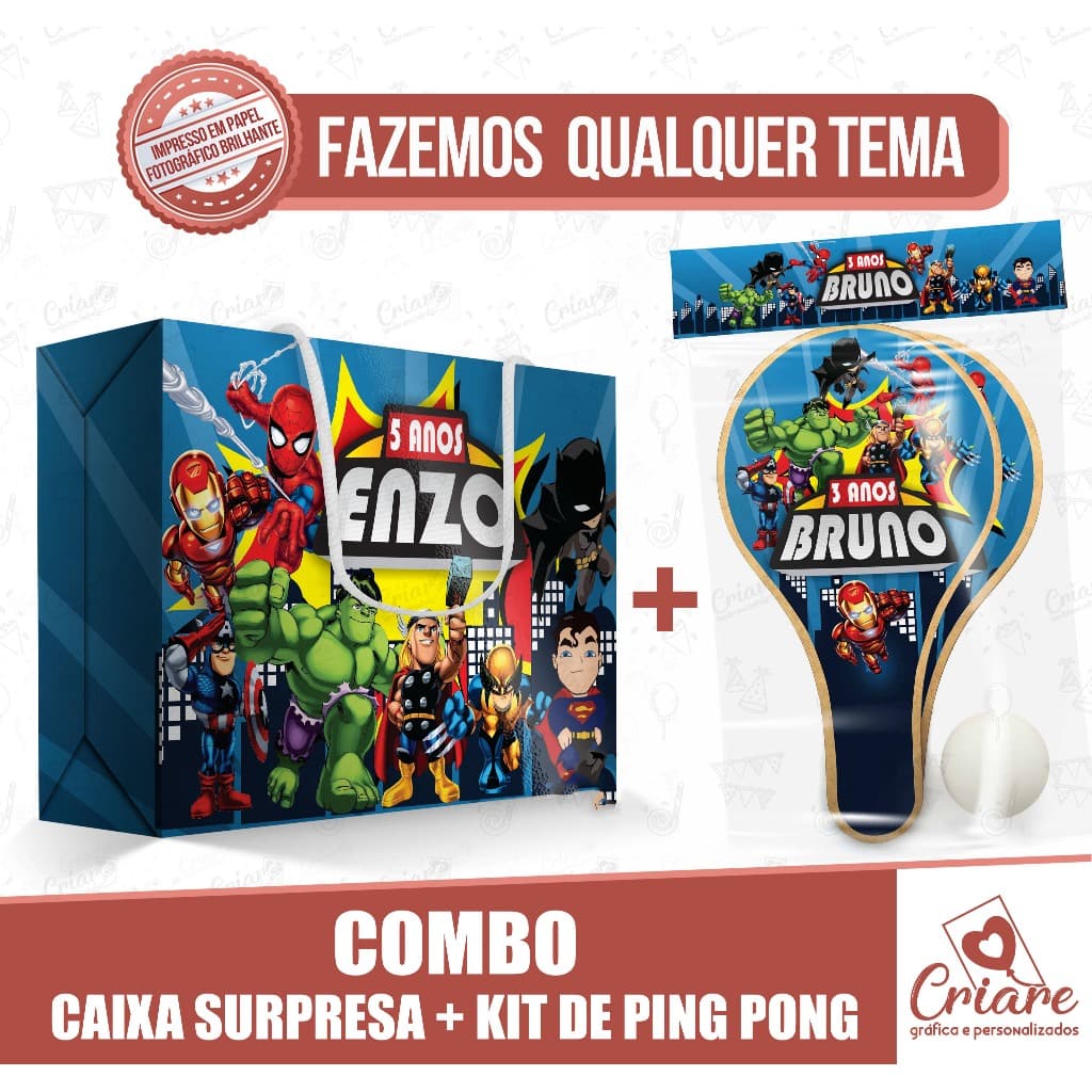 ⭐ 25, 30, 40 ou 50 unid - COMBO | Caixa + Kit Raquete De Ping Pong - QUALQUER TEMA - Lembrancinha Personalizada Luxo