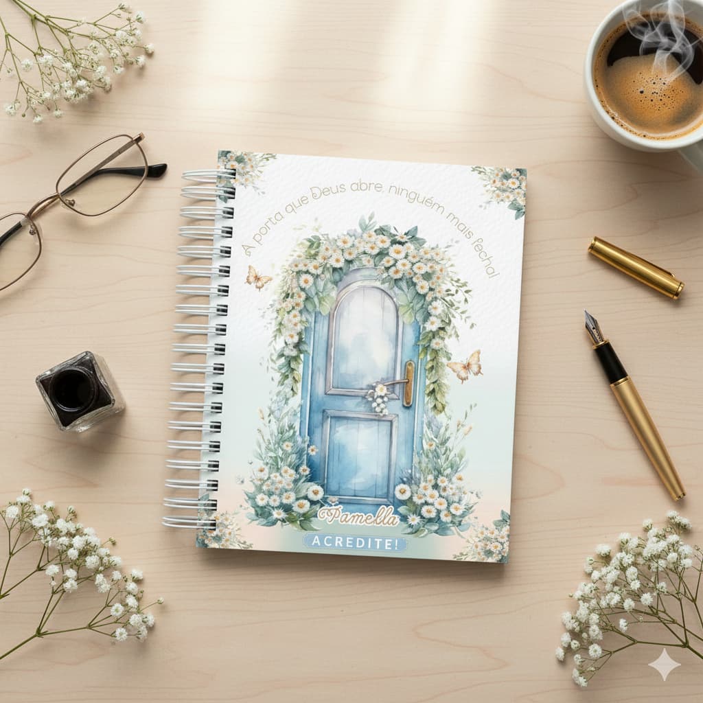 Caderno Cristão A Porta de Deus | Personalizado | 100 Folhas | Capa Fosca ou Holográfica