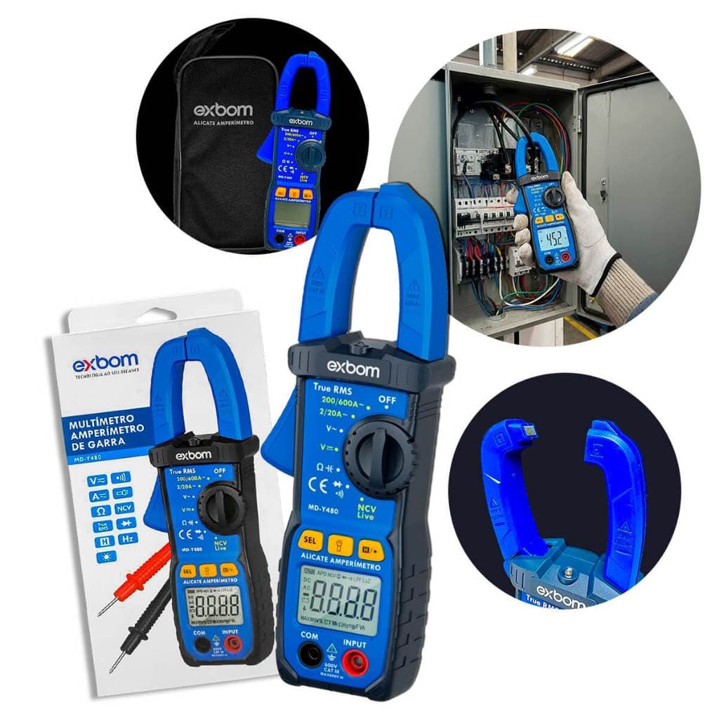 Alicate Amperimetro True RMS Automático NVC Teste Continuidade Até 600A Garra de 20mm Exbom