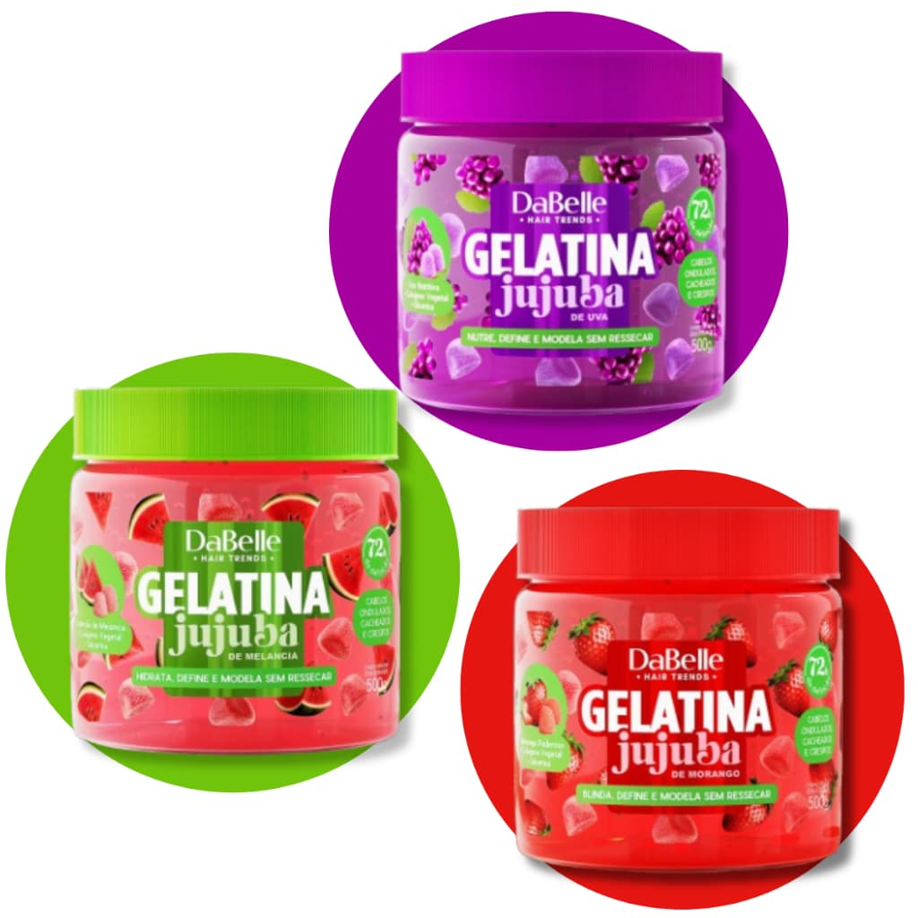 Gelatina DaBelle Jujuba Morango Melancia Uva Cachos Crespos Ondulados Definidos 500g