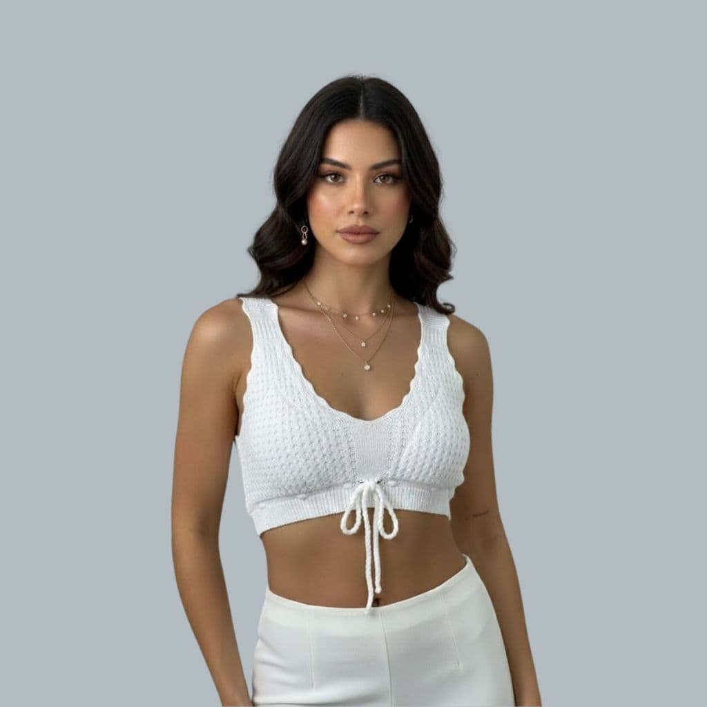 Top Feminino Cropped Tricot Com Bojo Modal Amarração Presentes Festa Reveillon Modelo Praia