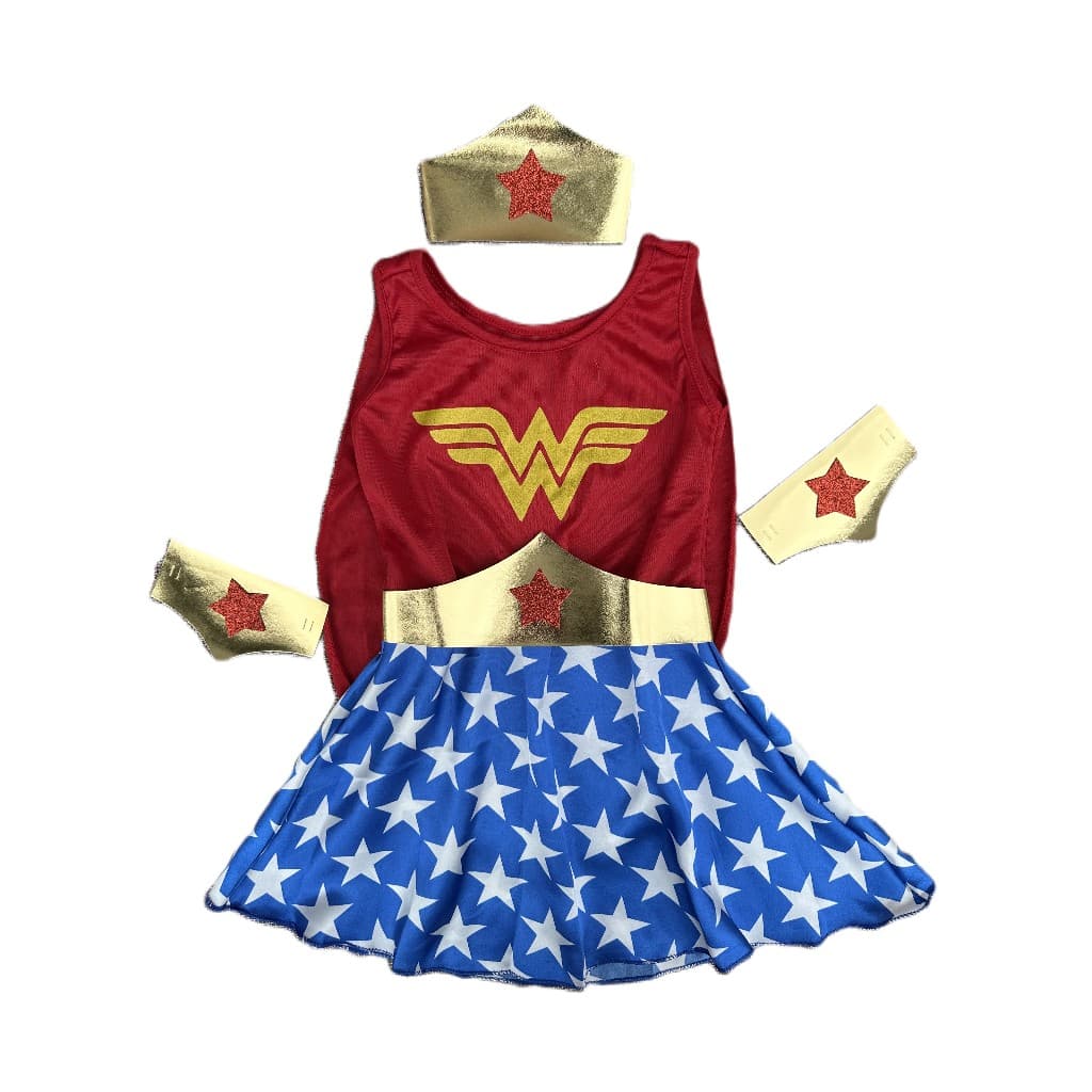 Fantasia infantil da mulher maravilha com capa e acessorios de couro sintetico