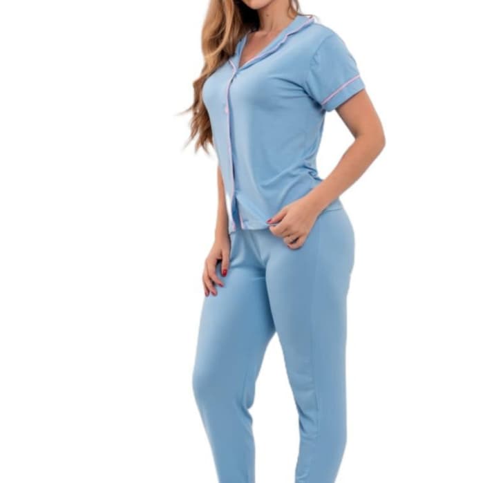 Pijama Feminino Americano Liso Blusa Curta Calça Comprida Amamentação Pós Cirúrgico LF057
