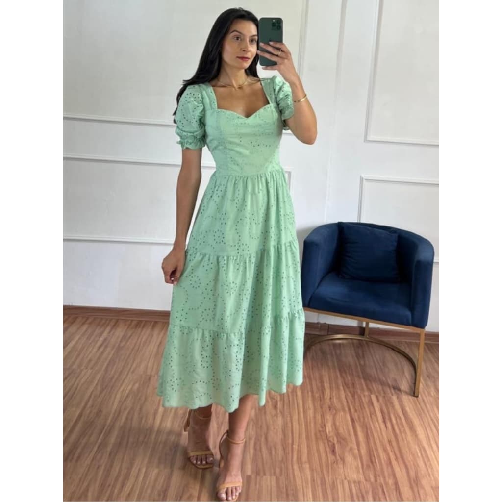 Vestido Midi com Manga Princesa um Clássico em leise leve  elegante da Ester Modas