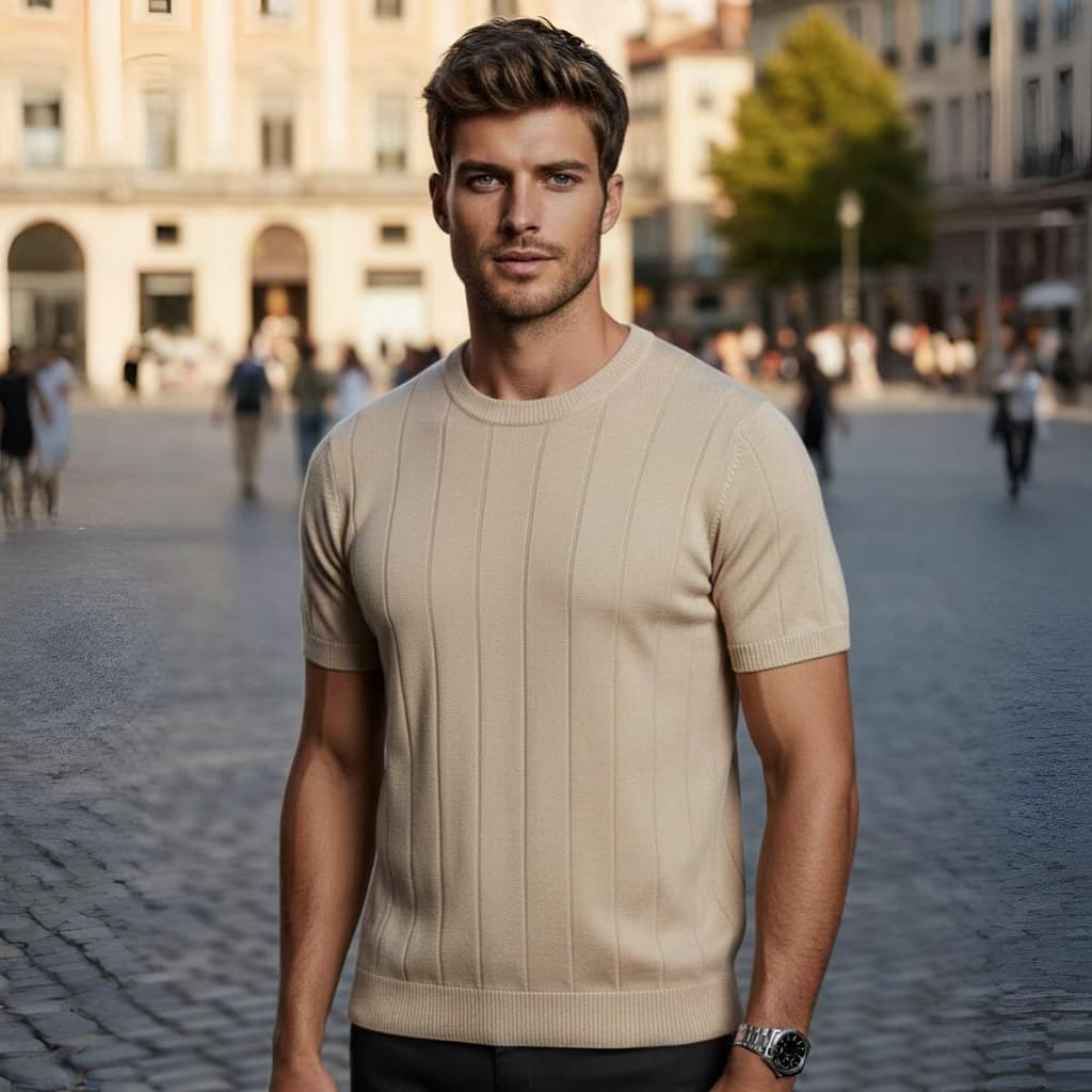 Camisa Masculina De Tricô Malha Texturizada Estilosa Chique Camiseta Slim Básica