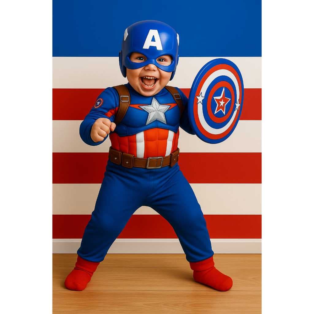Fantasia Macacão Longo Capitão America com Mascara de Platico Meninos Para Festa
