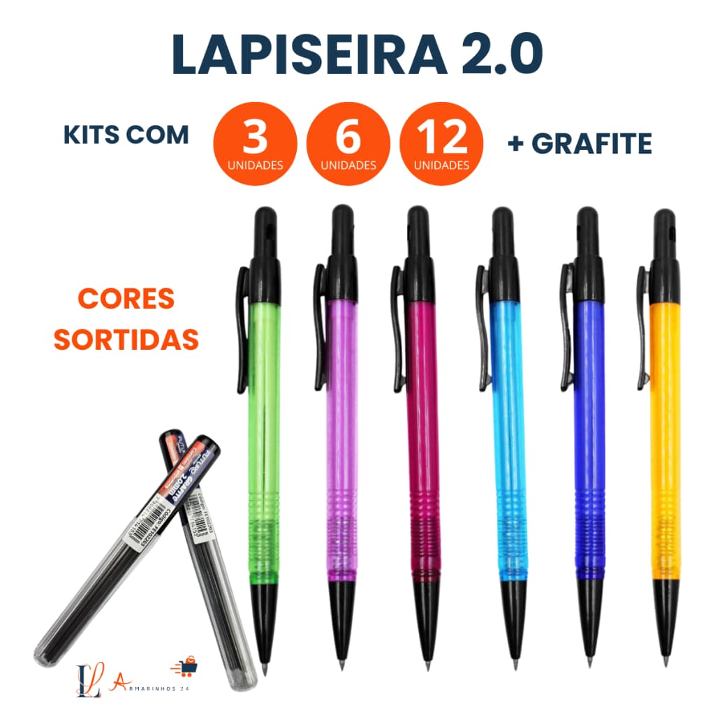 Kit Lapiseiras 2.0 mm C/ Apontador + Grafite 3 / 6 / 12 / 24 Unidades Coloridas Escolar