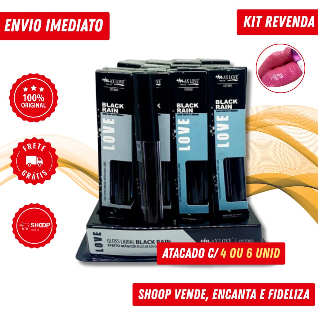 Revenda - Gloss Black Rain Max Love – 4, 5 ou 6 Unidades | Muda de Cor com pH da Boca