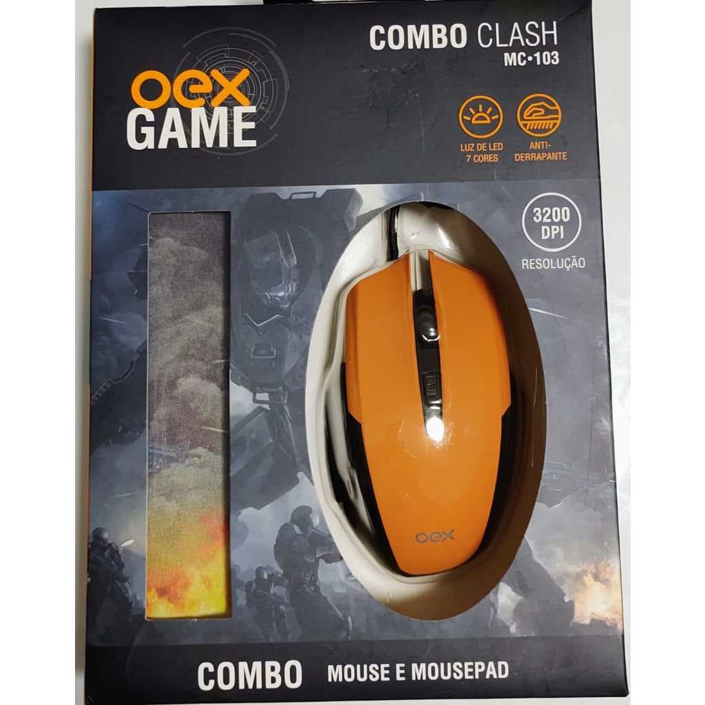 KIT MOUSE GAMER E MOUSE PAD 3200 DPI OEX COMBO CLASH MC.103