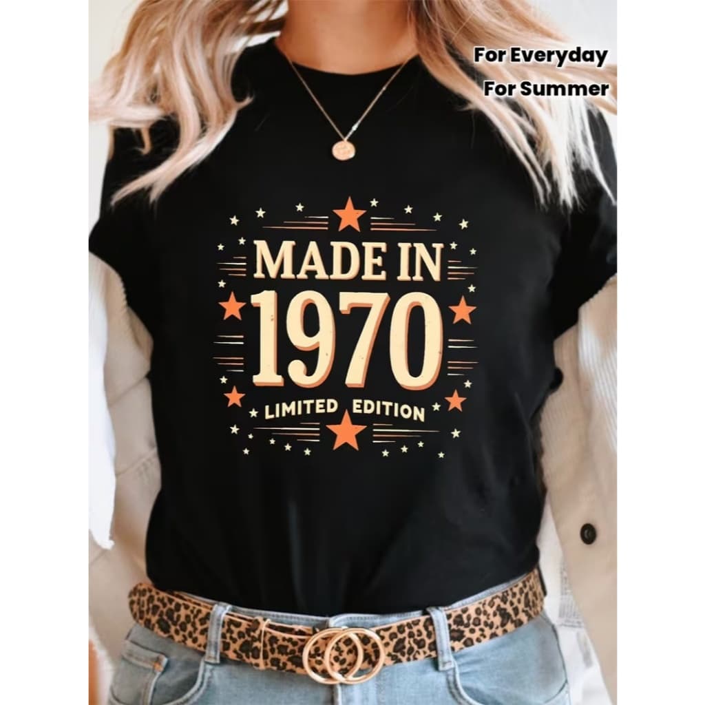 T shirt retrô MADE IN 1970 LIMITED EDITION com estampa vintage listras e estrelas vibe clássica ideal para moda urbana