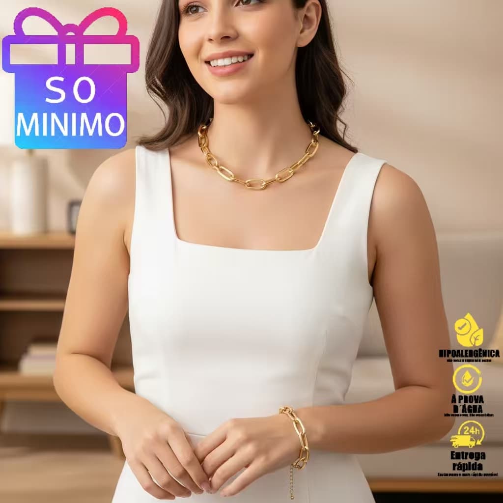 Conjunto Elegante de Ouro 18K – Colar e Pulseira Retangular para Mulheres Refinadas