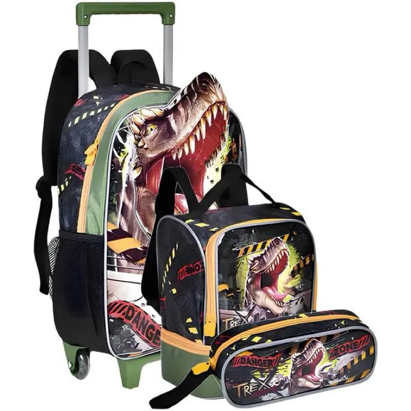 Kit Mochila Escolar Dinossauro 3D com 3 peças Menino