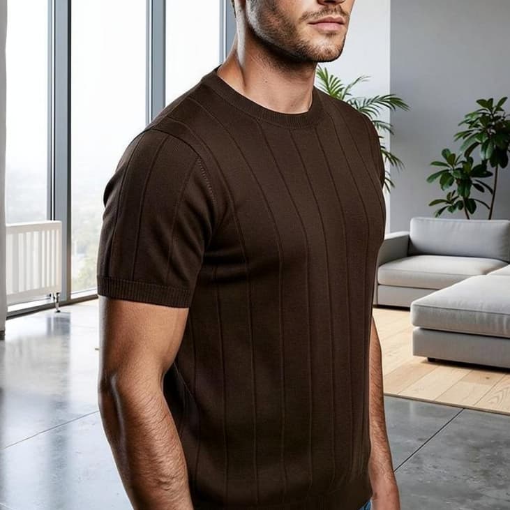 Camisa Camiseta Masculina Marrom Malha Texturizada Canelada Slim Tricot