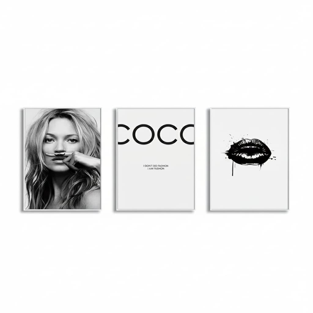 Quadro decorativo Feminina beauty preto e branco (3 peças)