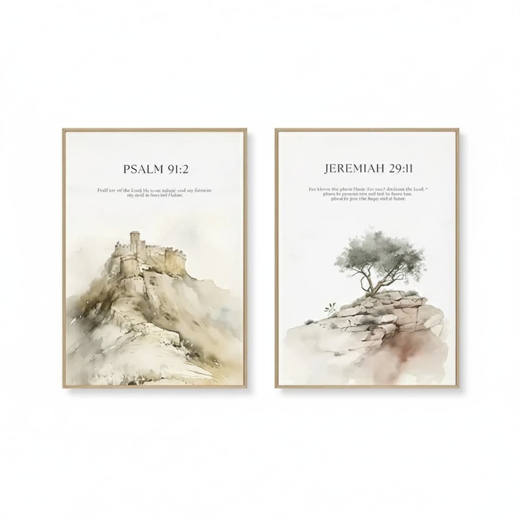Quadro decorativo Jesus Citações Inspiradas Verso Bíblico Cristão, Salmo 19:3, 91:2, 2911 (2 peças)