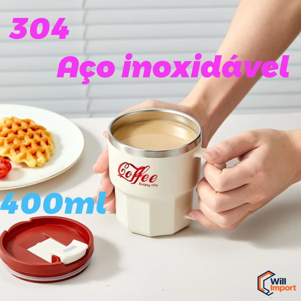 Caneca Térmica De Café 400ml Aço Inoxidável Capa Resistente Ao Calor Alça Criativa Escritório Casa
