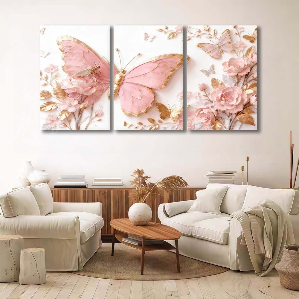 Kit 3 Quadros Borboletas Rosa Dourado Flores Cor De Rosa Decoracao Moderna Para Quarto E Sala De Estar