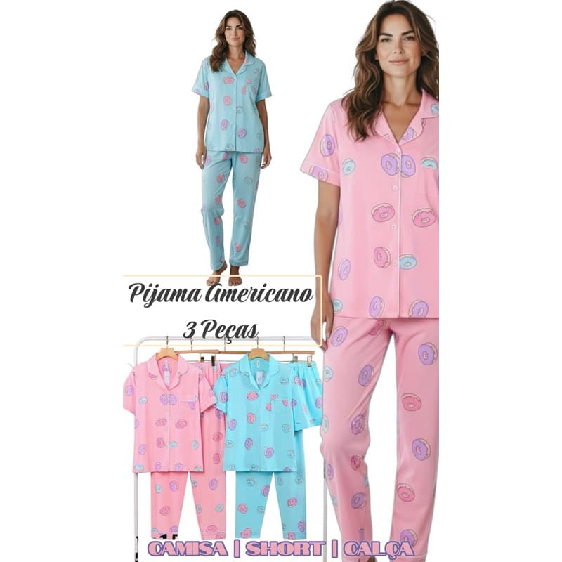 Conjunto Pijama 3 Peças Feminino Premium Americano Estampado Camiseta Calça Short