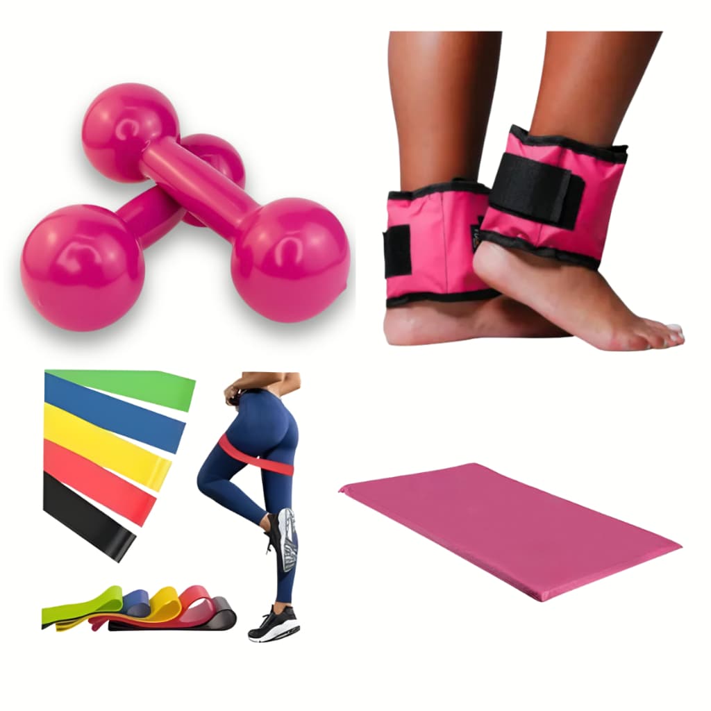 Kit Funcional Par de Halter 3kg + Par de Caneleira 3kg + Colchonete + 5 TheraBand Exercícios