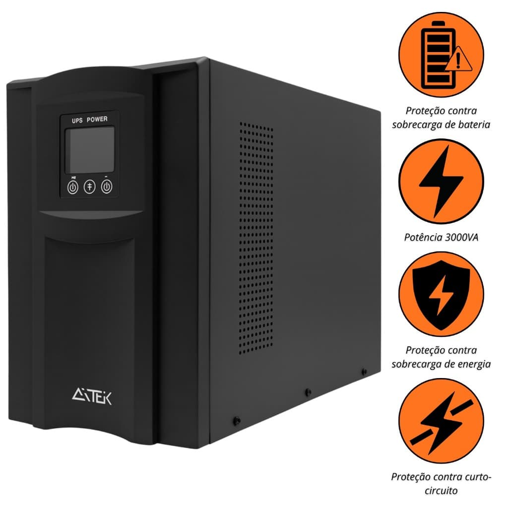 No-Break 3000VA 220V Aitek ANB-BE3000P Senoidal Pura Dupla Conversão 2100W Proteção Online