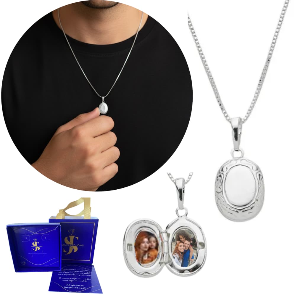 Colar Relicário Masculino oval mini + Corrente de 60cm + 2 Fotos Banhado a Prata