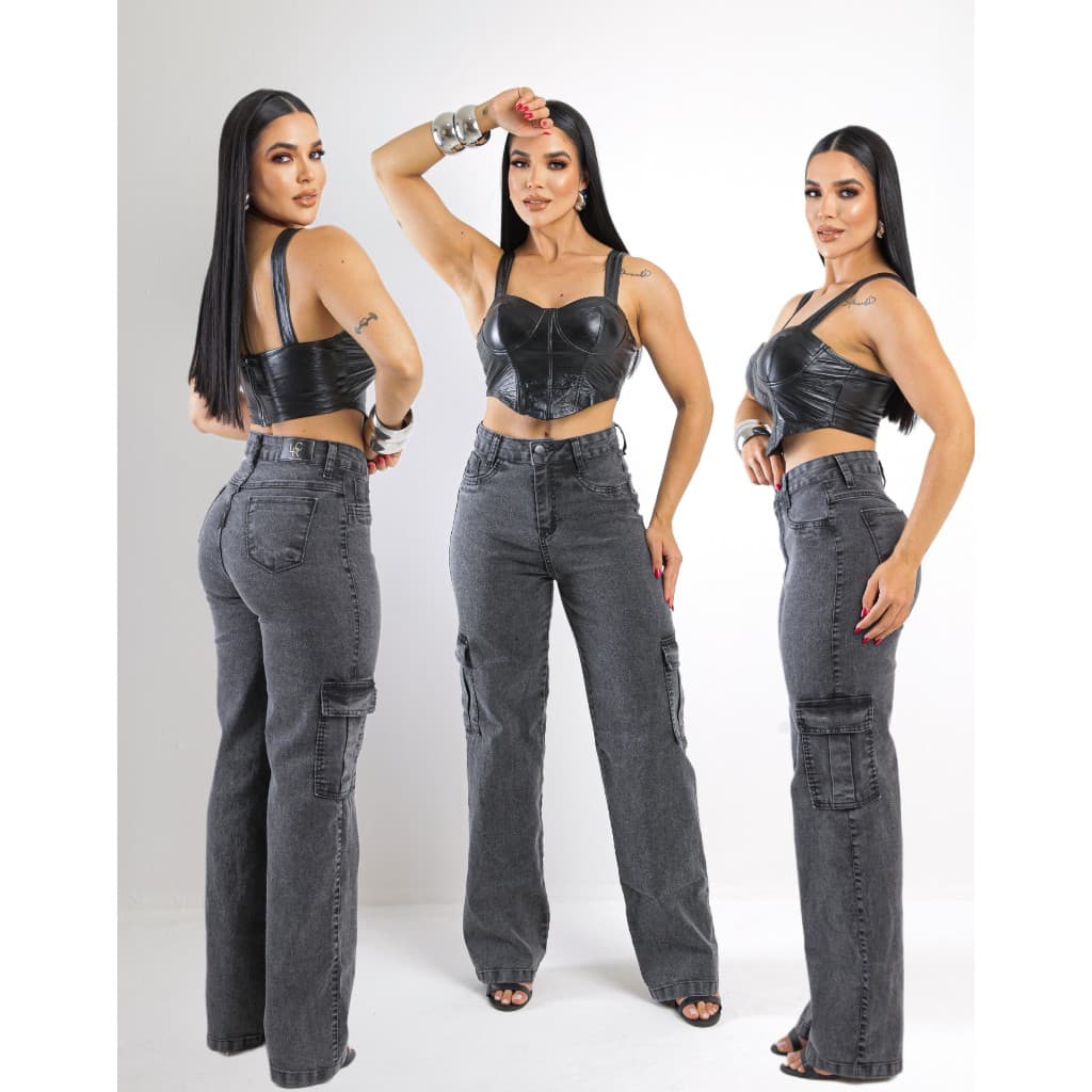 Calça Feminina Wide Leg Cargo Jeans Cintura Alta Com Lycra