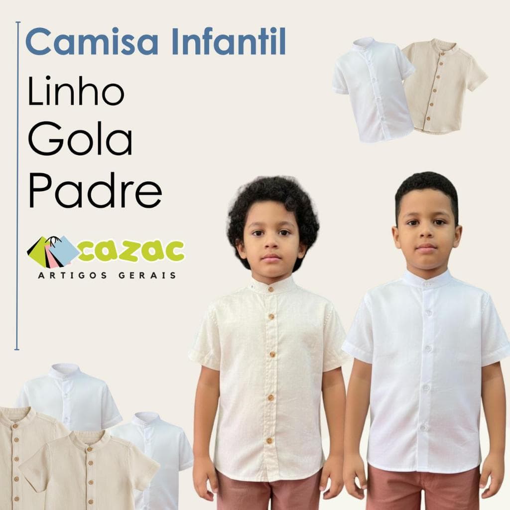 Camisa Linho Infantil Juvenil Gola Padre Premium 2 a 10 Anos Oferta Elegante Festas Batizado