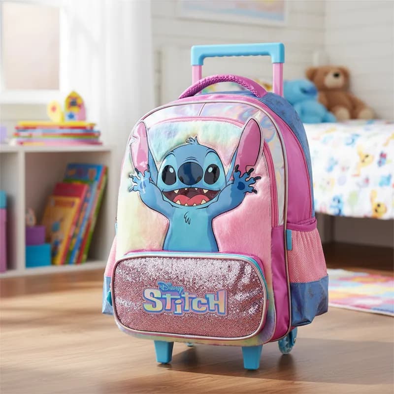 Mochila Stitch Original Pelúcia Escolar Infantil Rodinhas Licenciada Disney Resistente