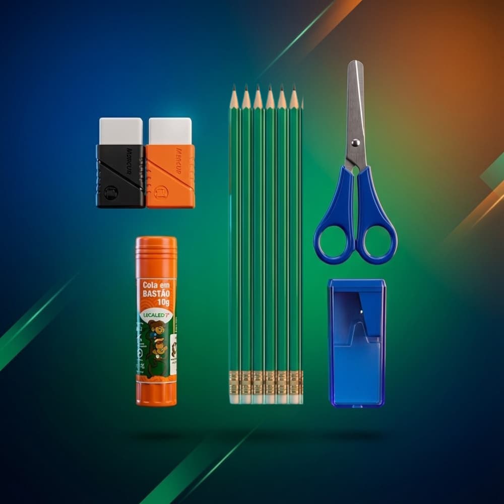 Kit Material Escolar 11 Peças com Lápis Tesoura Apontador Borrachas e Cola Menino Menina