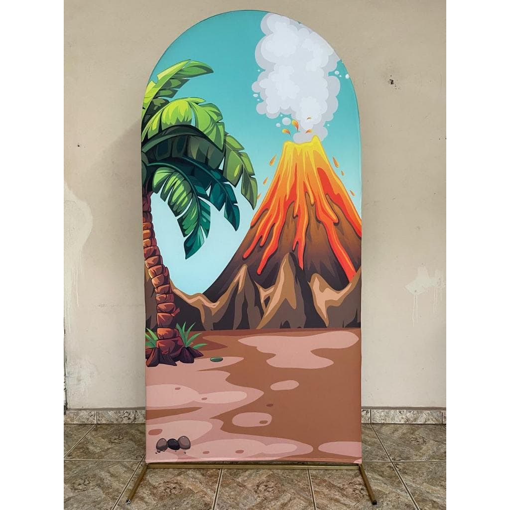 Capa para painel de festa Romano 1x2mts LxA malha sublimada dinossauro vulcao