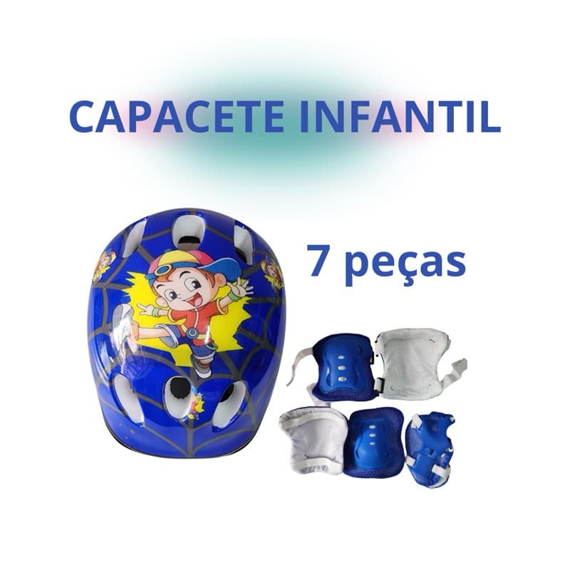 Kit Protecao Infantil Azul Capacete Joelheira Cotoveleira Bike Skate Patins